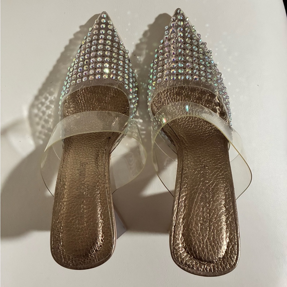 Iridescent Crystal Pointed Mule with Clear Strap - Metallic